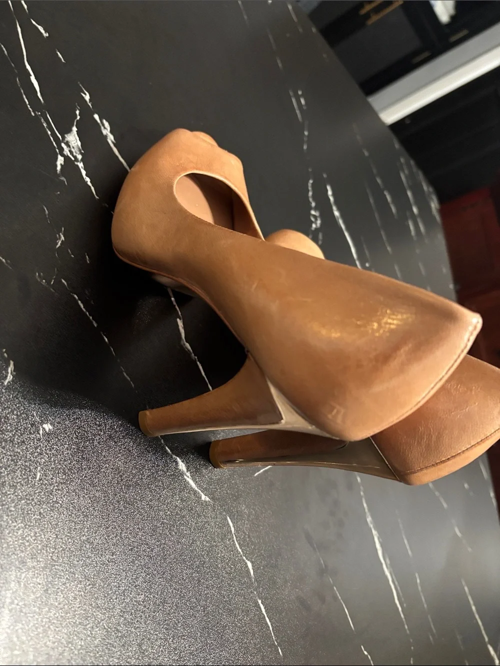 BCBGMaxAzria All leather made in Brazil Tan Peep-Toe Leather Pumps